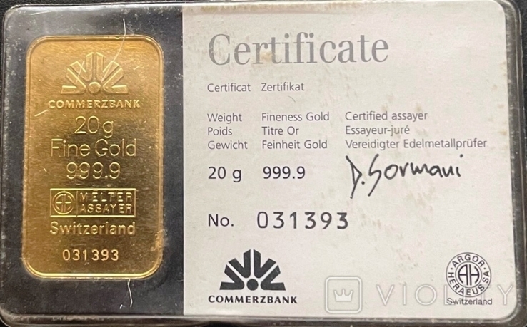 Швейцария. Слиток 20 г. Золото 999,9. Commerzbank