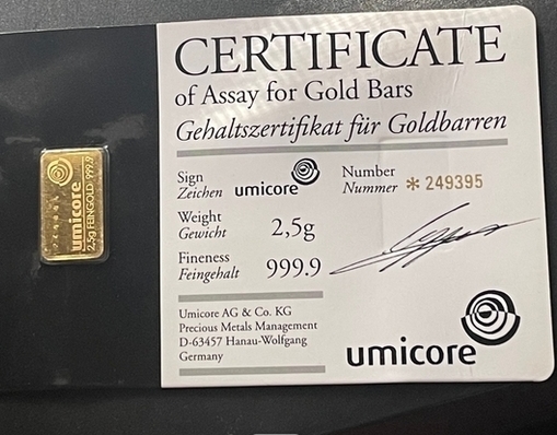 Германия. Слиток 2,5 г. Золото 999,9. Umicore. № 249395.   ПРОДАН