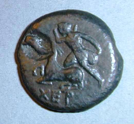 Херсонес. Дихалк. Медь. 300–290 гг. до н.э. Надчеканка на аверсе.   ПРОДАНА