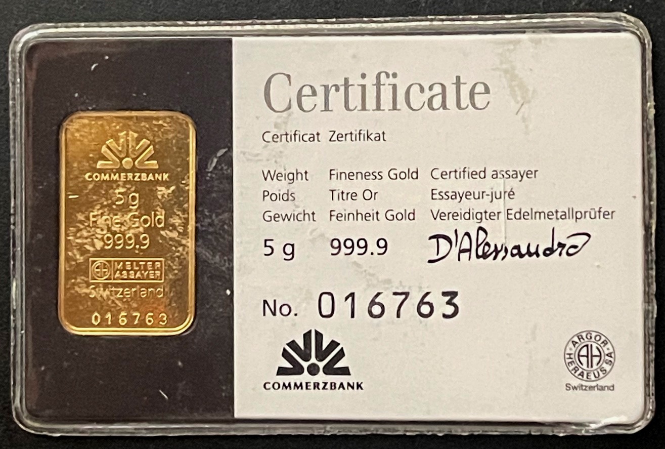 Швейцария. Слиток 5 г. Золото 999,9. Commerzbank